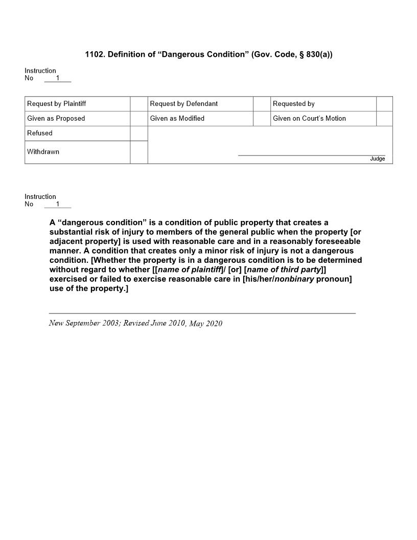 1102. Definition of Dangerous Condition (Gov. Code, 830(a)) | Pdf Docx | Jury Instructions