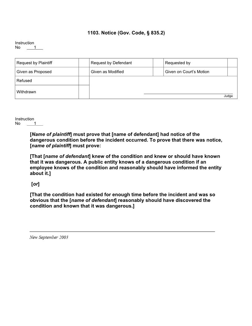 1103. Notice (Gov. Code, 835.2) | Pdf Docx | Jury Instructions