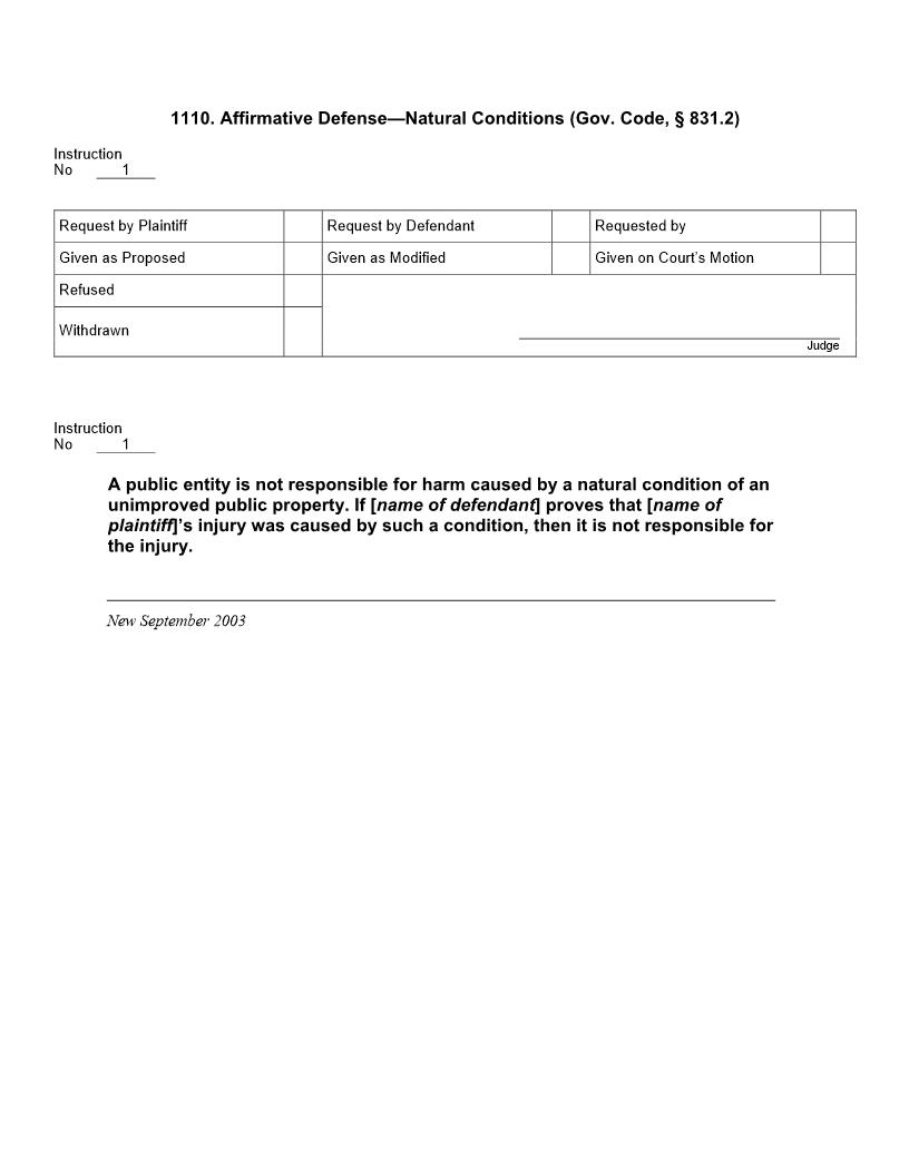 1110. Affirmative Defense Natural Conditions (Gov. Code, 831.2) | Pdf Docx | Jury Instructions