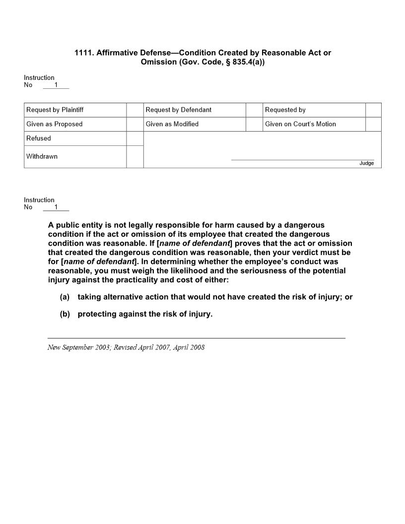 1111. Affirmative Defense Condition Created By Reasonable Act Or Omission (Gov. Code, § 835.4(a)) | Pdf Doc Docx | Jury Instructions