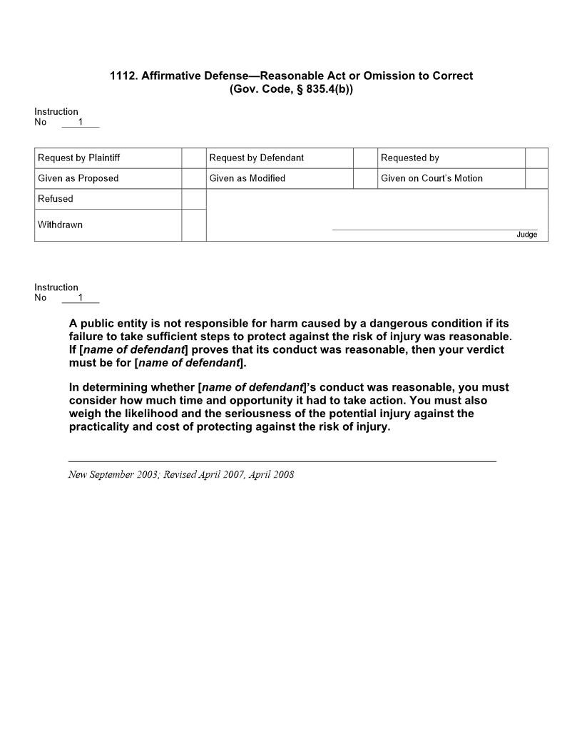 1112. Affirmative Defense Reasonable Act Or Omission To Correct (Gov. Code, § 835.4(b)) | Pdf Doc Docx | Jury Instructions