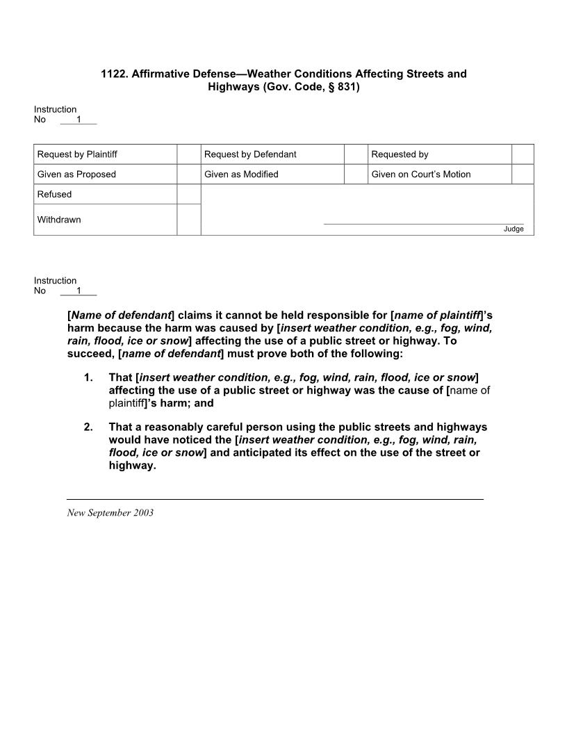 1122. Affirmative Defense Weather Conditions Affecting Streets And Highways (Gov. Code, § 831) | Pdf Doc Docx | Jury Instructions
