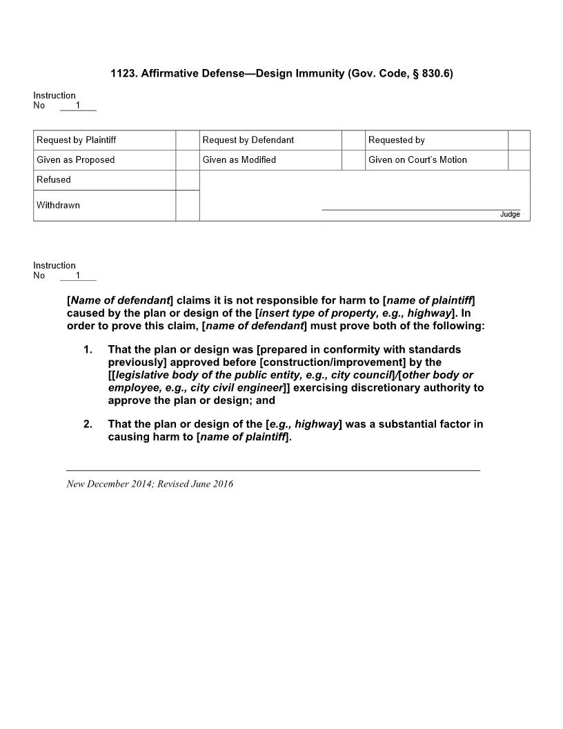 1123. Affirmative Defense Design Immunity (Gov. Code, § 830.6) | Pdf Doc Docx | Jury Instructions