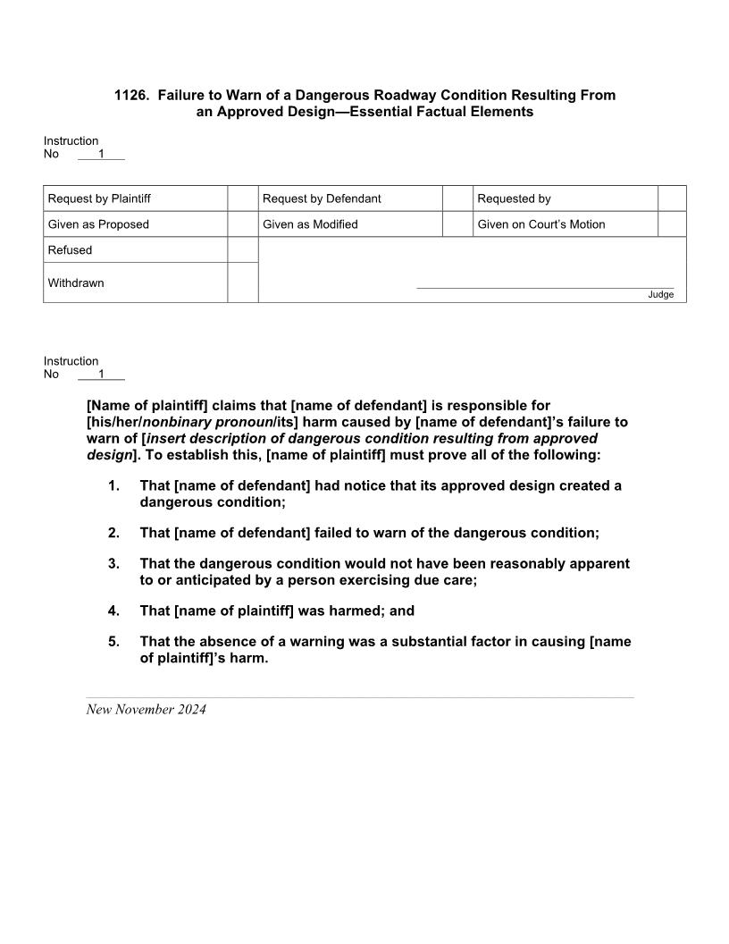 1126. Failure To Warn Of Dangerous Roadway Condition From Approved Design Essential Factual Elements | Pdf Docx | Jury Instructions