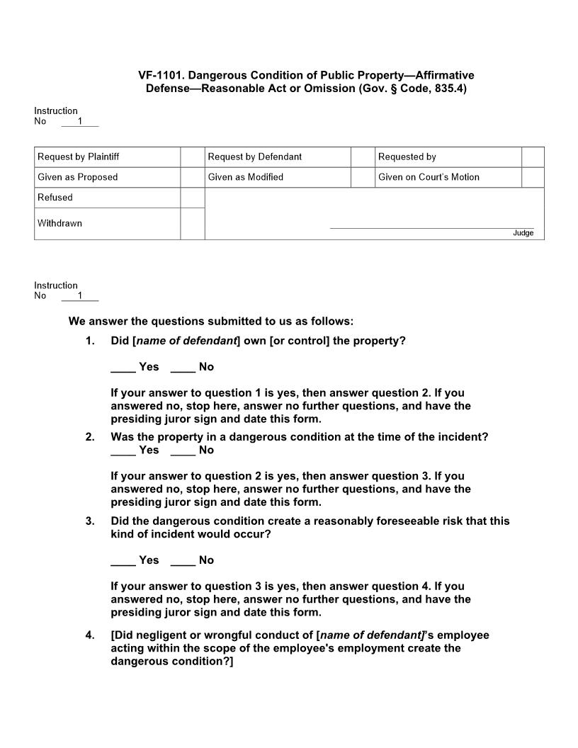 VF 1101. Dangerous Condition Of Public Property Affirmative Defense Reasonable Act Or Omission (Gov. § Code, 835.4) | Pdf Doc Docx | Jury Instructions