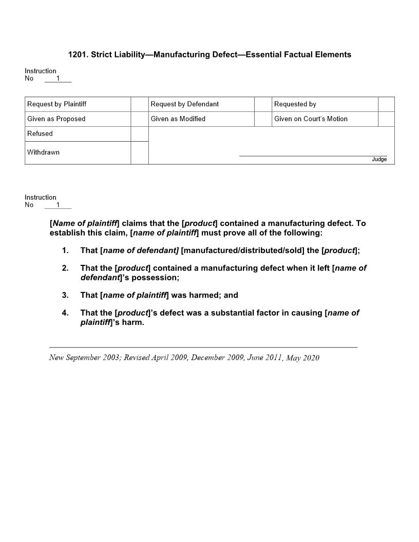 1201. Strict Liability Manufacturing Defect Essential Factual Elements | Pdf Docx | Jury Instructions