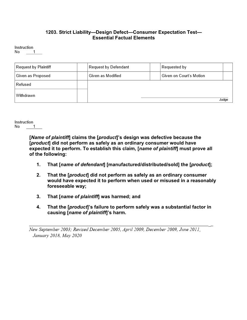1203. Strict Liability Design Defect Consumer Expectation Test Essential Factual Elements | Pdf Docx | Jury Instructions