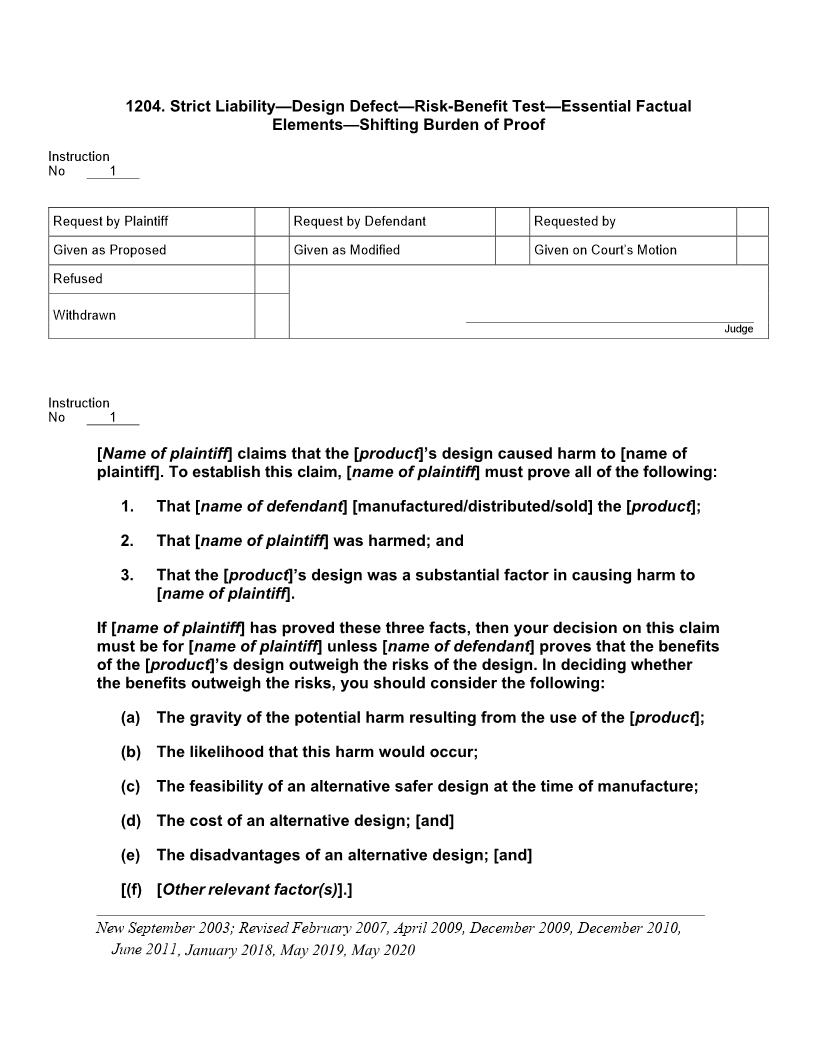 1204. Strict Liability Design Defect Risk Benefit Test Essential Factual Elements Shifting Burden of Proof | Pdf Docx | Jury Instructions
