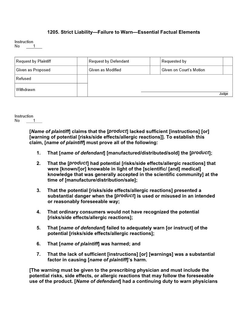 1205. Strict Liability Failure to Warn Essential Factual Elements | Pdf Docx | Jury Instructions