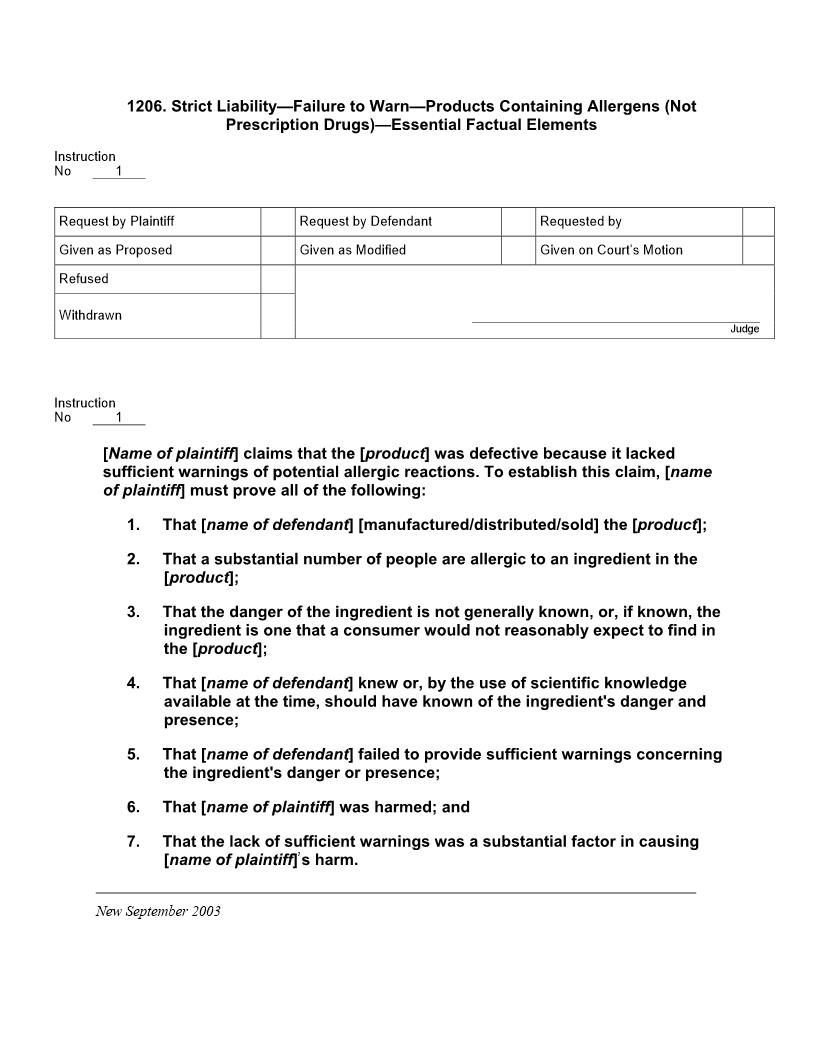 1206. Strict Liability Failure to Warn Products Containing | Pdf Docx | Jury Instructions