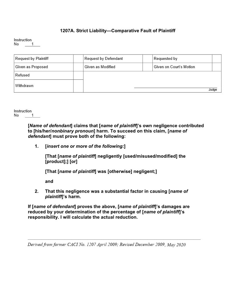 1207A. Strict Liability Comparative Fault of Plaintiff | Pdf Docx | Jury Instructions