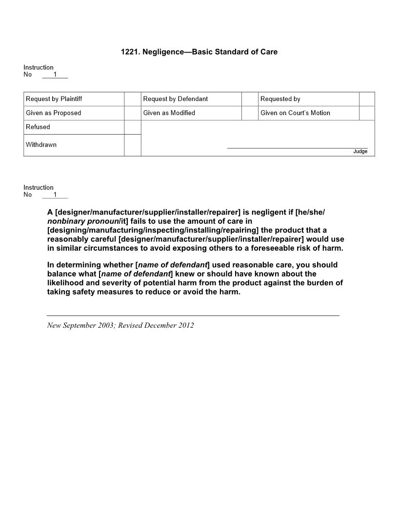 1221. Negligence Basic Standard of Care | Pdf Docx | Jury Instructions