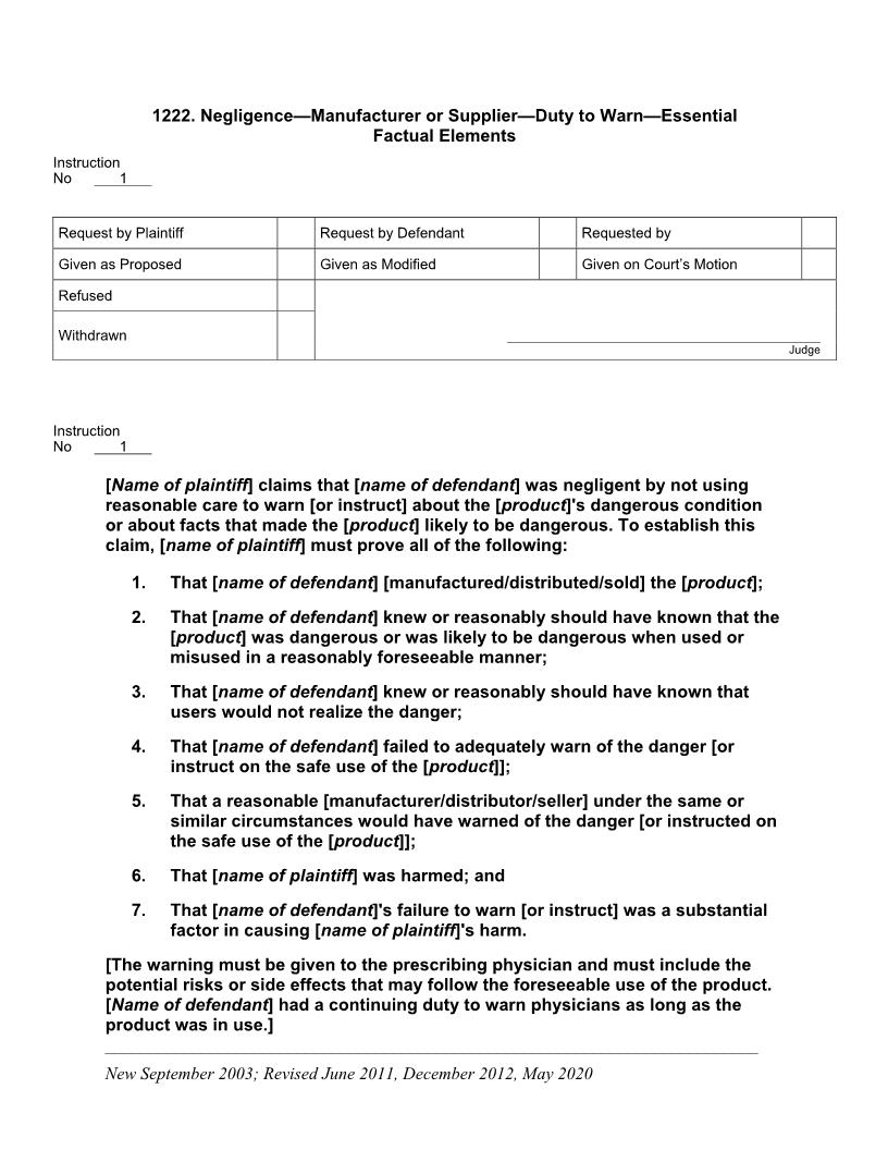 1222. Negligence Manufacturer or Supplier Duty to Warn Essential Factual Elements | Pdf Docx | Jury Instructions