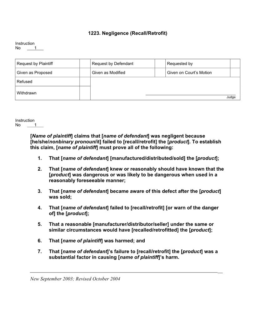 1223. Negligence Recall or Retrofit | Pdf Docx | Jury Instructions