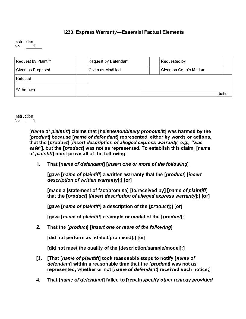 1230. Express Warranty Essential Factual Elements | Pdf Docx | Jury Instructions