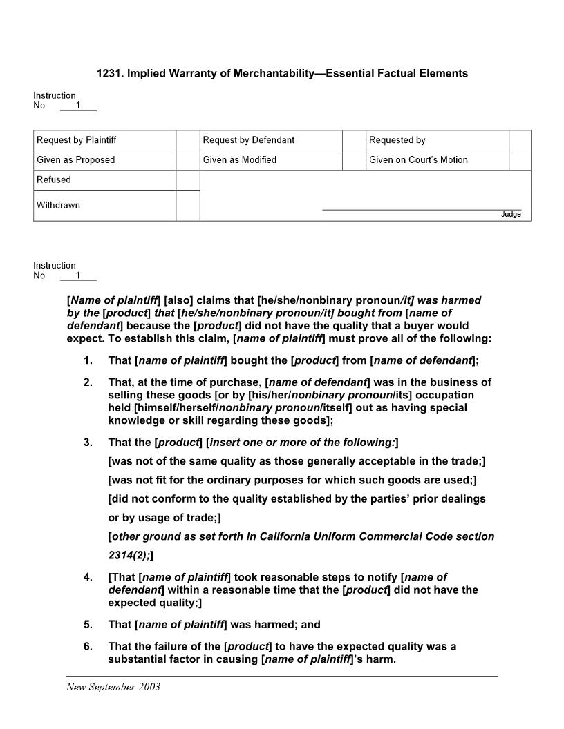 1231. Implied Warranty of Merchantability Essential Factual Elements | Pdf Docx | Jury Instructions