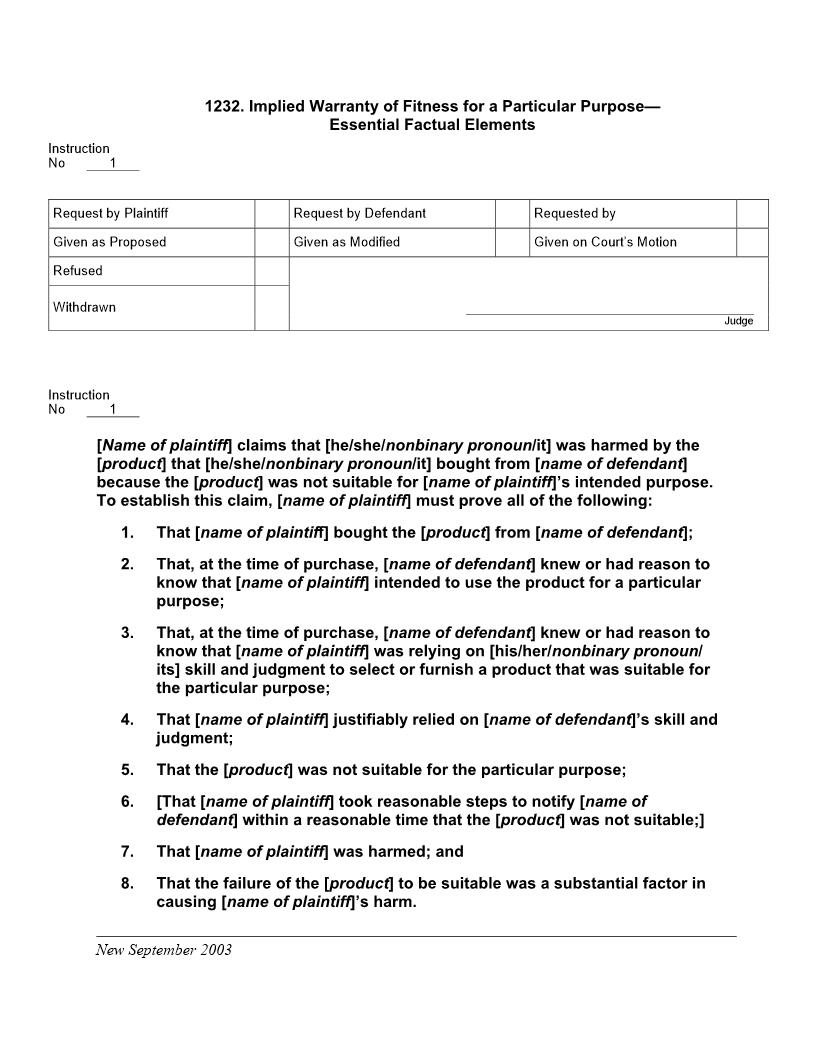 1232. Implied Warranty of Fitness for a Particular Purpose Essential Factual Elements | Pdf Docx | Jury Instructions