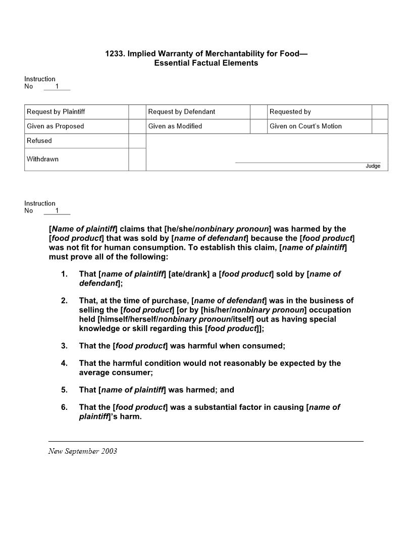1233. Implied Warranty of Merchantability for Food Essential Factual Elements | Pdf Docx | Jury Instructions