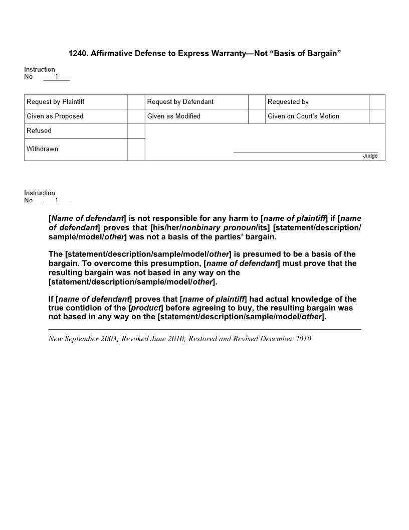 1240. Affirmative Defense to Express Warranty Not Basis of Bargain | Pdf Docx | Jury Instructions