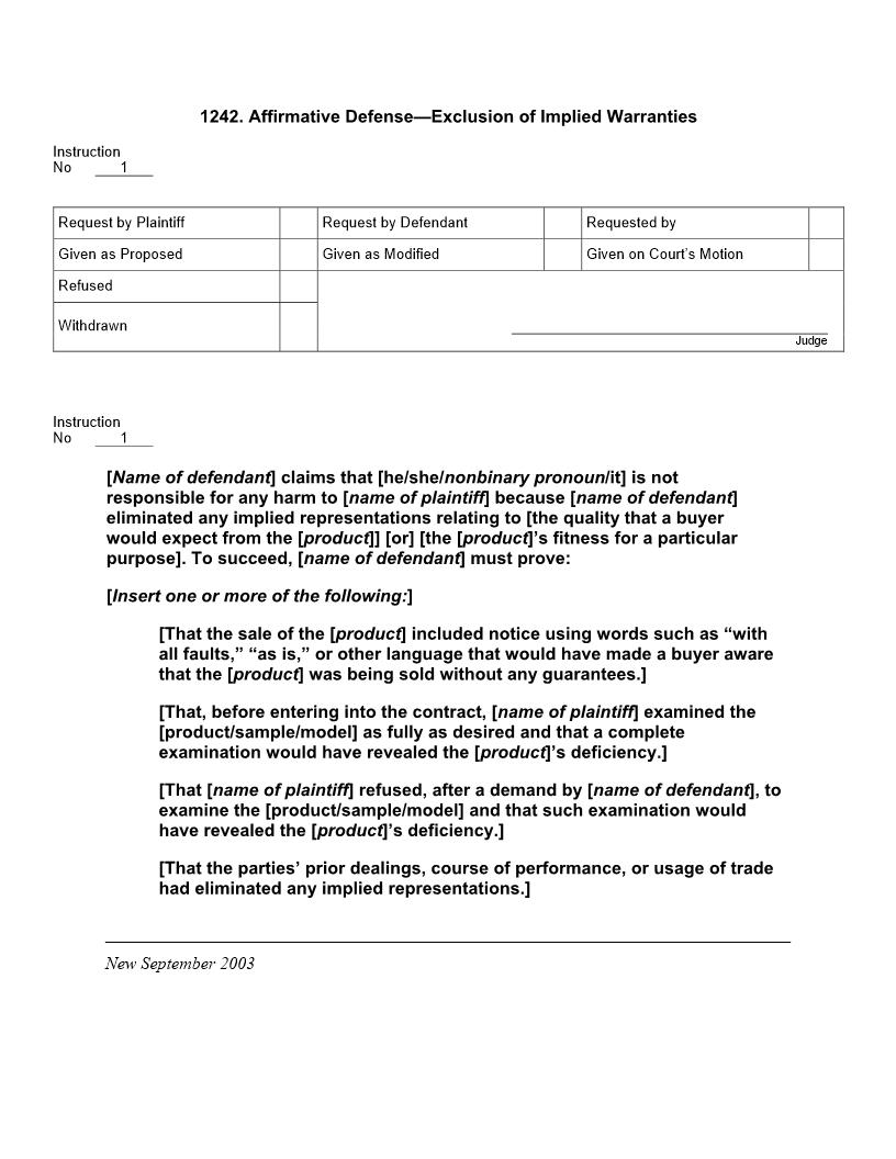 1242. Affirmative Defense Exclusion of Implied Warranties | Pdf Docx | Jury Instructions