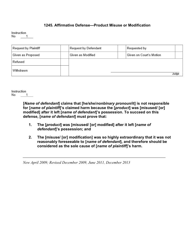 1245. Affirmative Defense Product Misuse or Modification | Pdf Docx | Jury Instructions
