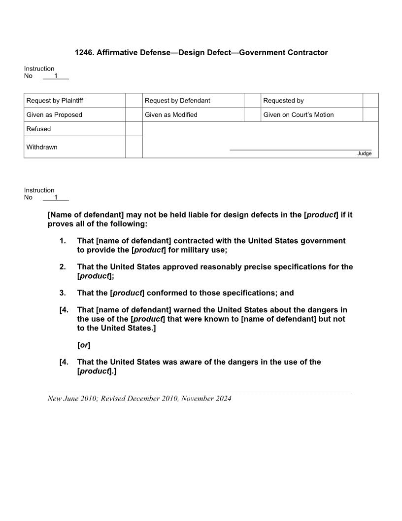 1246. Affirmative Defense Design Defect Government Contractor | Pdf Docx | Jury Instructions