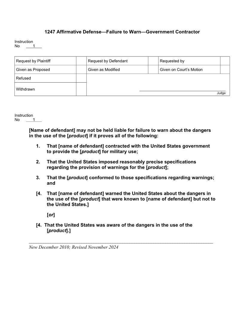 1247. Affirmative Defense Failure to Warn Government Contractor | Pdf Docx | Jury Instructions