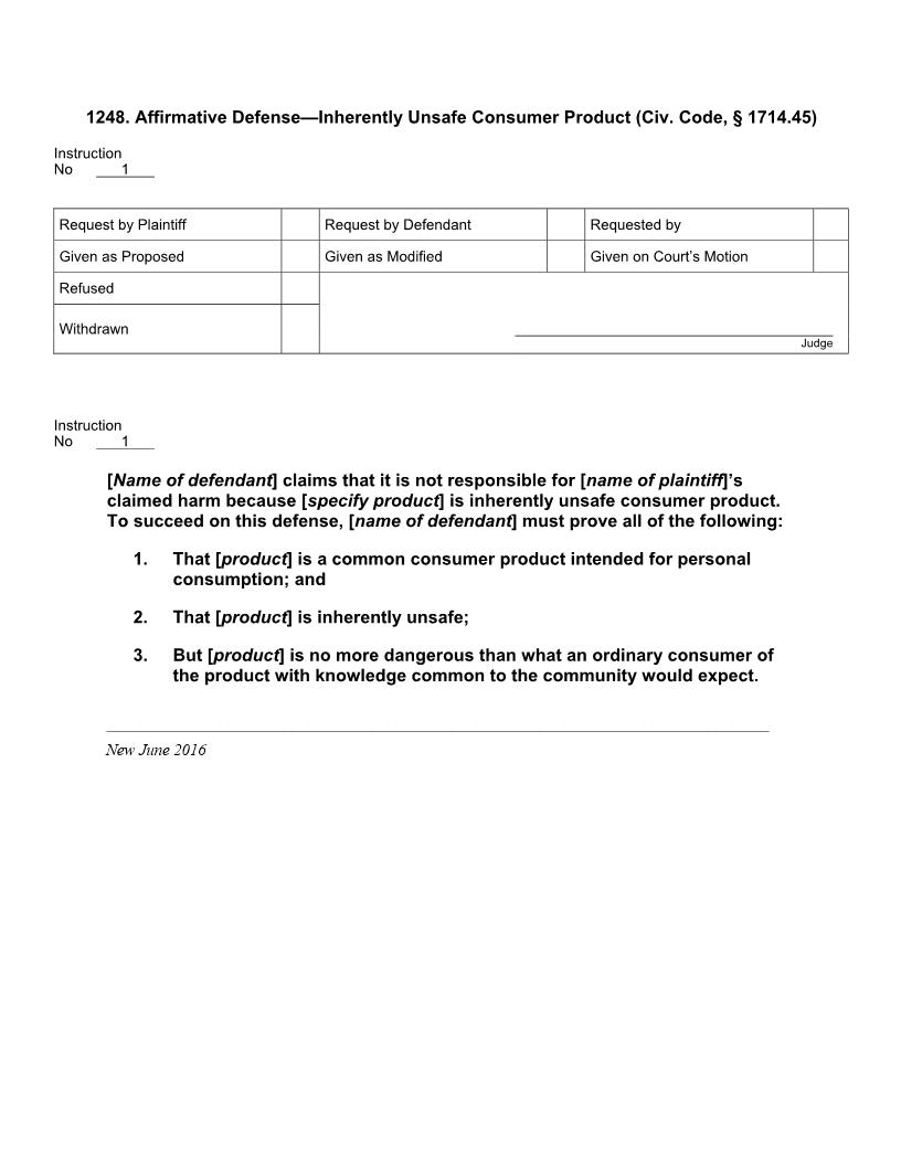 1248. Affirmative Defense Inherently Unsafe Consumer Product (Civ. Code, 1714.45) | Pdf Docx | Jury Instructions