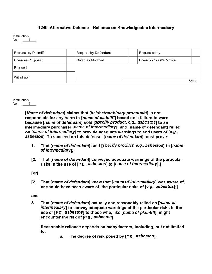 1249. Affirmative Defense-Reliance on Knowledgeable Intermediary | Pdf Docx | Jury Instructions