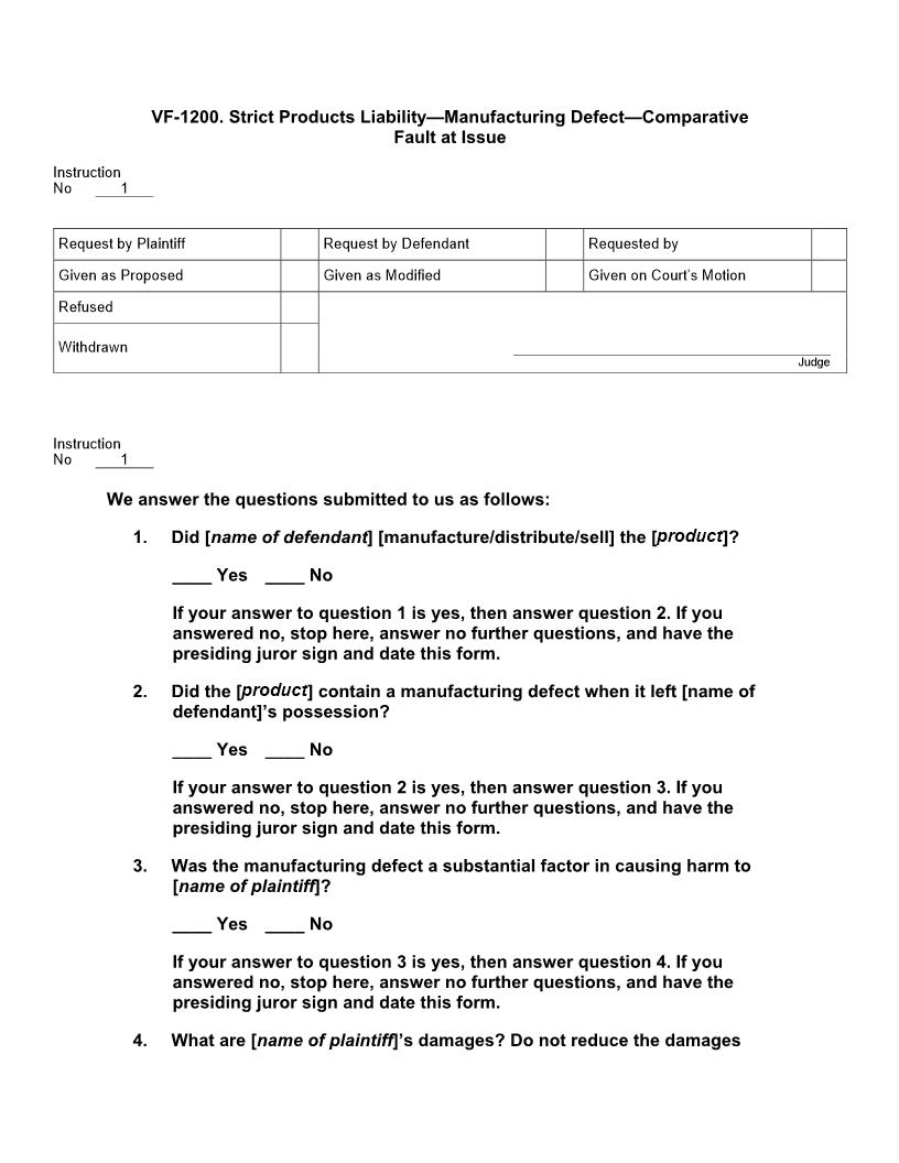 VF 1200. Strict Products Liability Manufacturing Defect Comparative Fault At Issue | Pdf Docx | Jury Instructions