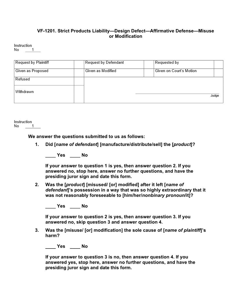 VF 1201. Strict Products Liability Design Defect Affirmative Defense Misuse Or Modification | Pdf Docx | Jury Instructions