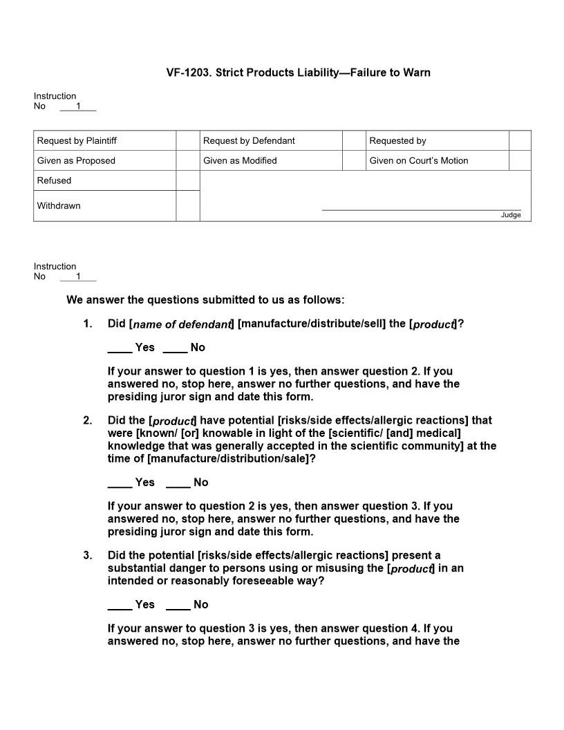 VF 1203. Strict Products Liability Failure To Warn | Pdf Docx | Jury Instructions