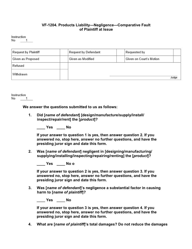 VF 1204. Products Liability Negligence Comparative Fault Of Plaintiff At Issue | Pdf Docx | Jury Instructions