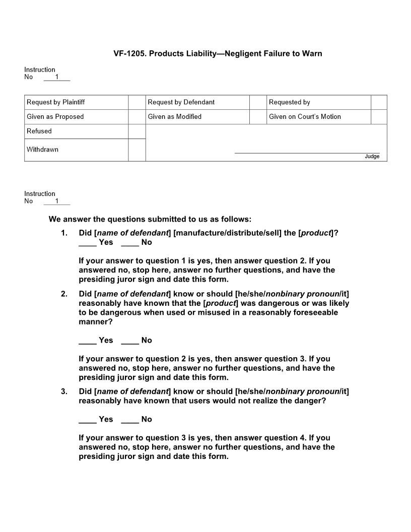 VF 1205. Products Liability Negligent Failure To Warn | Pdf Docx | Jury Instructions