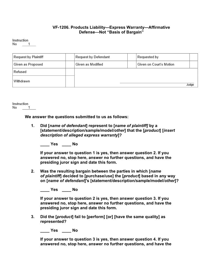 VF 1206. Products Liability Express Warranty Affirmative Defense Not Basis Of Bargain | Pdf Docx | Jury Instructions