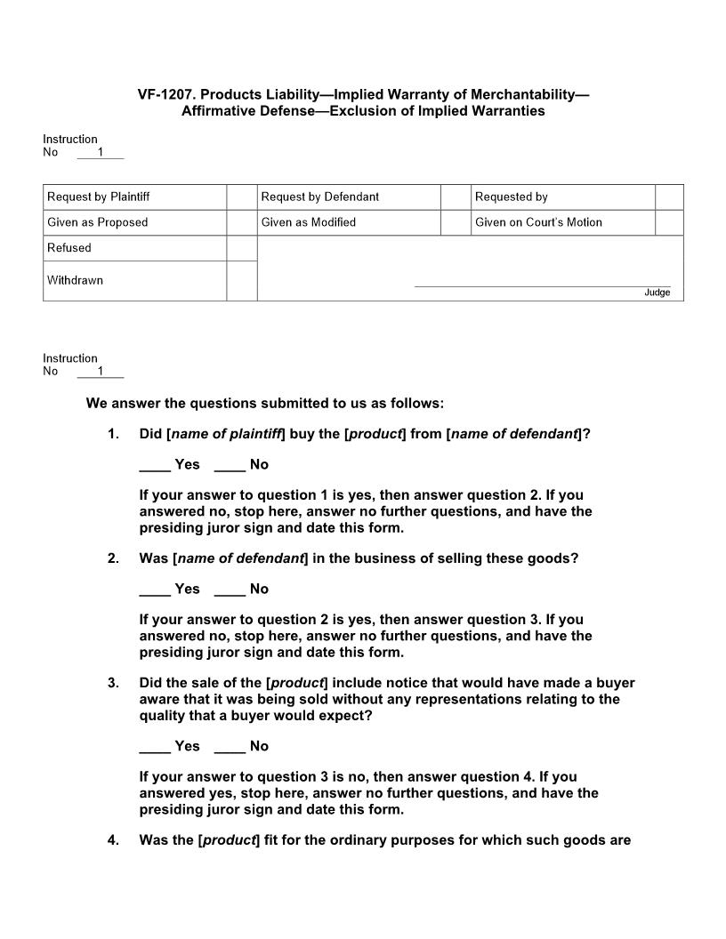 VF 1207. Products Liability Implied Warranty Of Merchantability Affirmative Defense Exclusion Of Implied Warranties | Pdf Docx | Jury Instructions