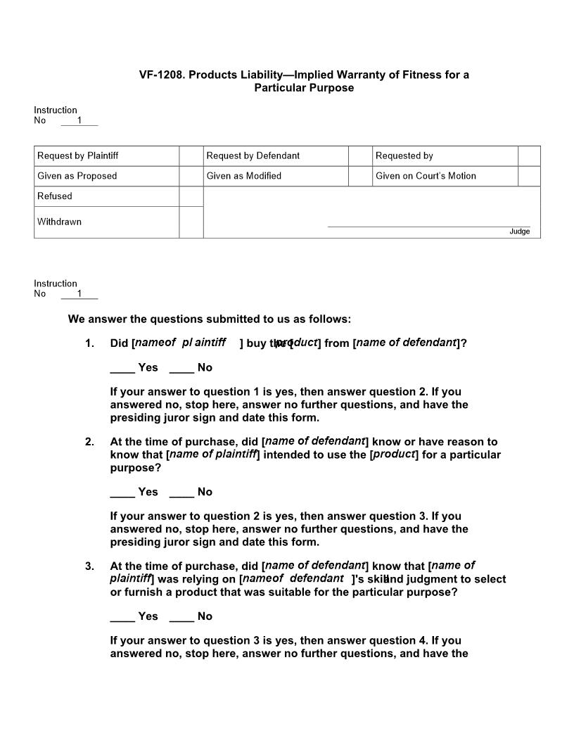 VF 1208. Products Liability Implied Warranty Of Fitness For A Particular Purpose | Pdf Docx | Jury Instructions