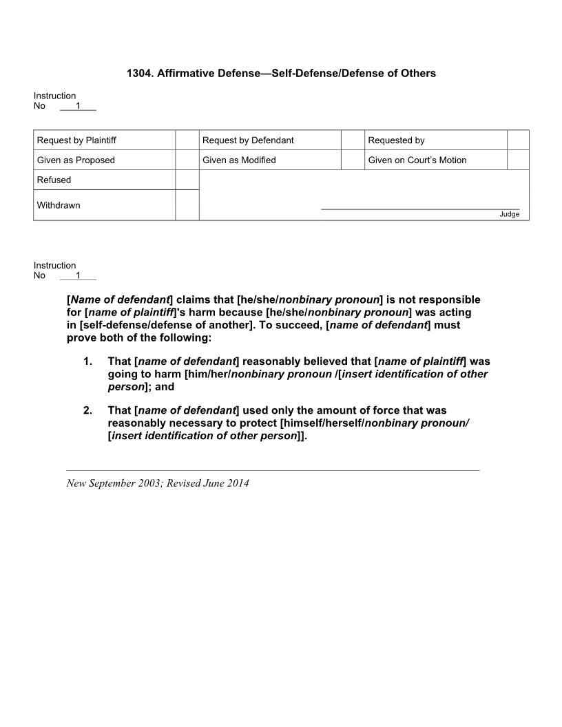 1304. Affirmative Defense Self-Defense Defense of Others | Pdf Docx | Jury Instructions