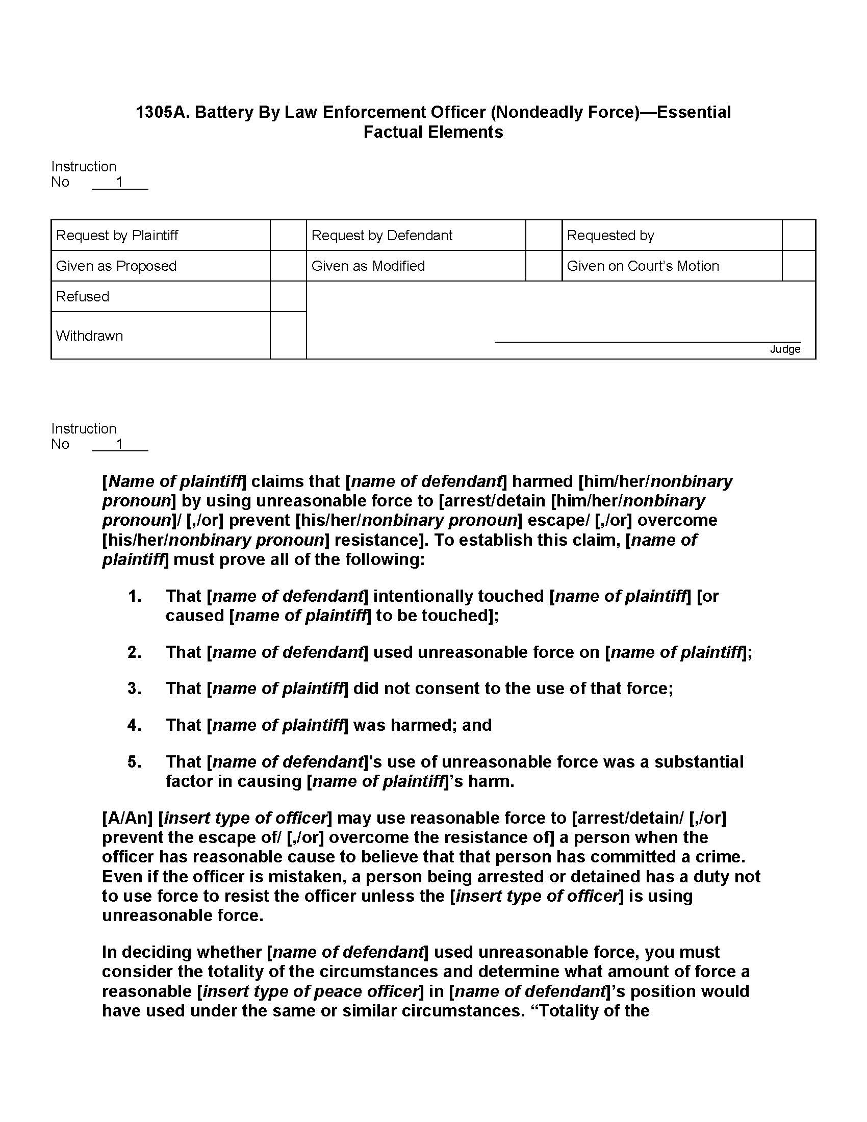 1305A. Battery By Law Enforcement Officer (Nondeadly Force) Essential Factual Elements | Pdf Docx | Jury Instructions