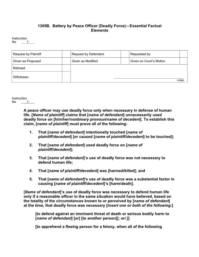1305B. Battery By Peace Officer (Deadly Force) Essential Factual Elements | Pdf Docx | Jury Instructions