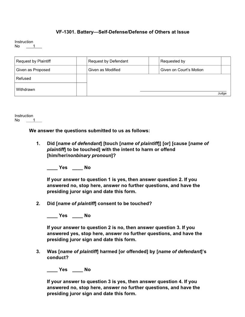 VF 1301. Battery Self-Defense Or Defense Of Others At Issue | Pdf Docx | Jury Instructions