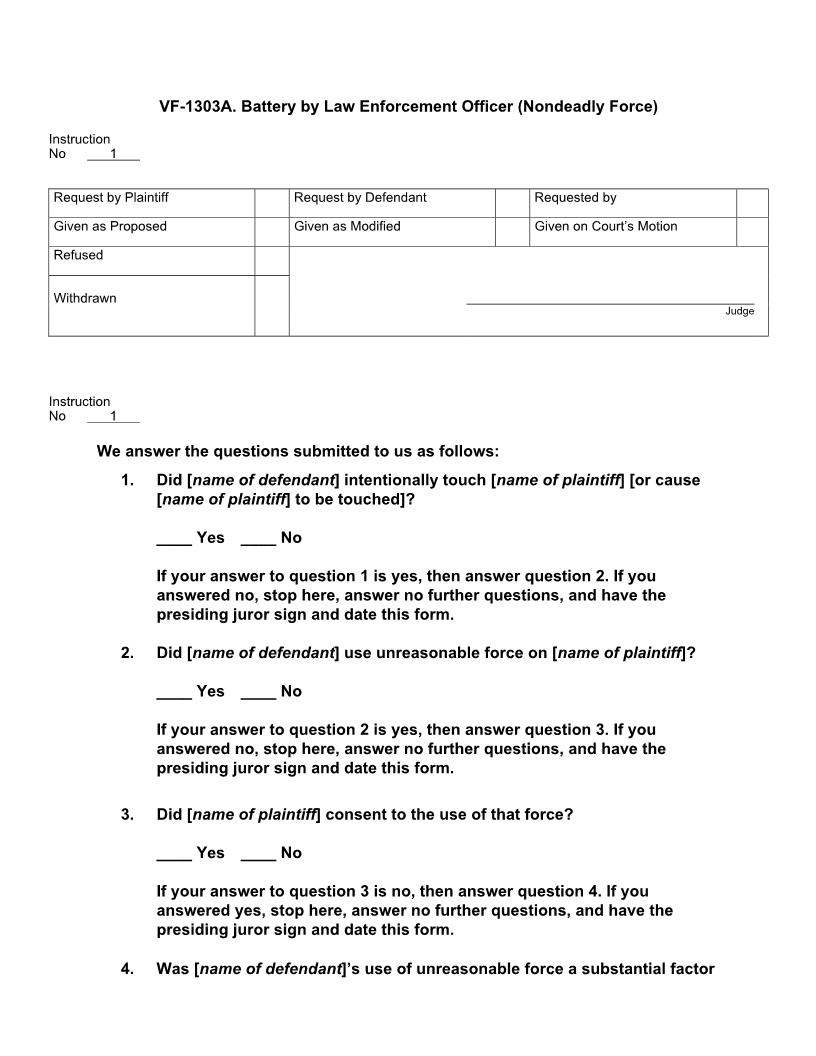 VF 1303A. Battery By Law Enforcement Officer (Nondeadly Force) | Pdf Docx | Jury Instructions