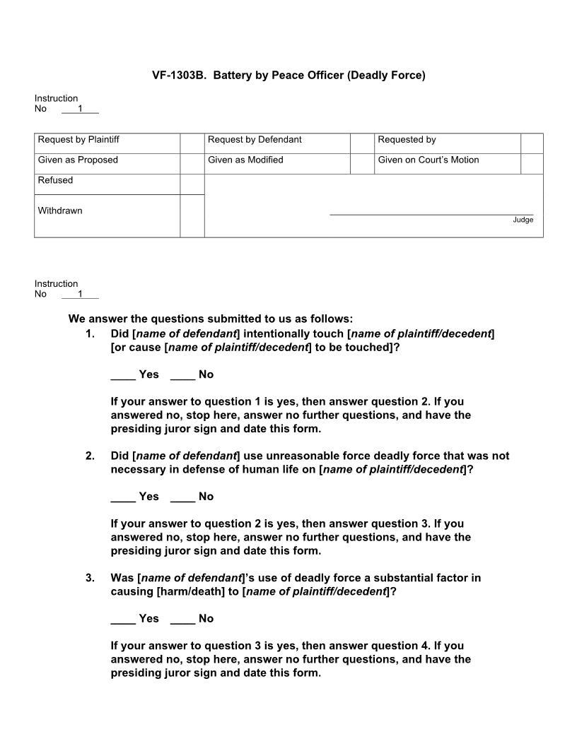 VF 1303B.  Battery By Peace Officer (Deadly Force) | Pdf Docx | Jury Instructions