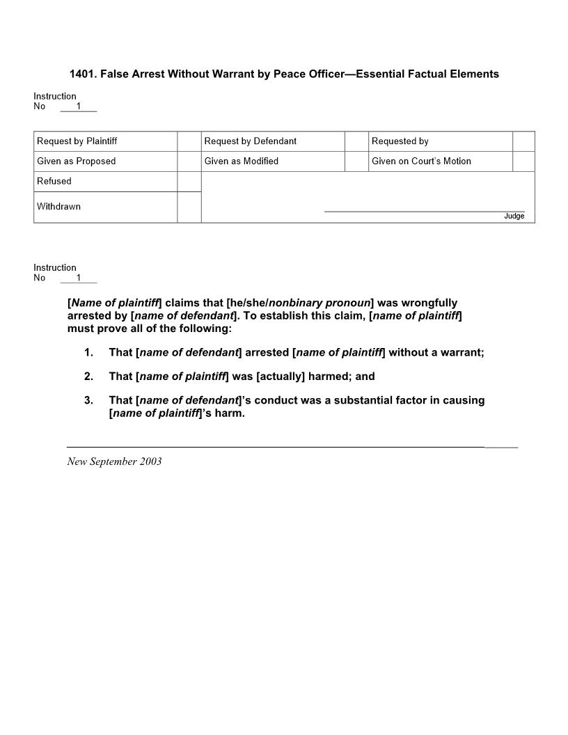 1401. False Arrest Without Warrant by Peace Officer Essential Factual Elements | Pdf Docx | Jury Instructions