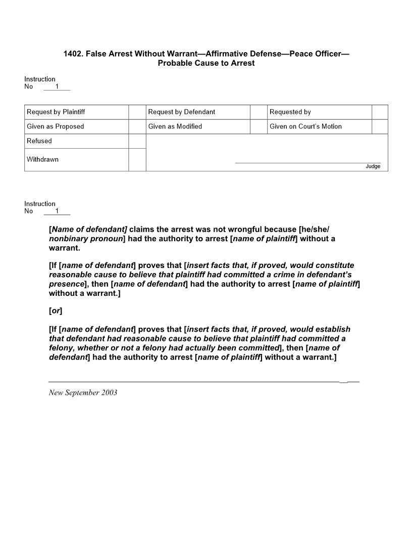 1402. False Arrest Without Warrant Affirmative Defense Peace Officer Probable Cause to Arrest | Pdf Docx | Jury Instructions