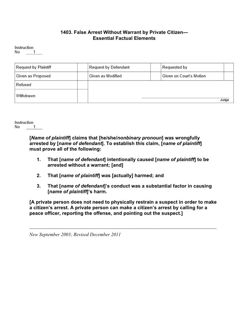 1403. False Arrest Without Warrant by Private Citizen Essential Factual Elements | Pdf Docx | Jury Instructions