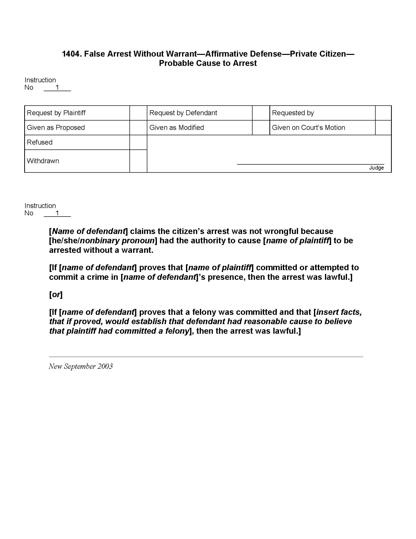 1404. False Arrest Without Warrant Affirmative Defense Private Citizen Probable Cause to Arrest | Pdf Docx | Jury Instructions