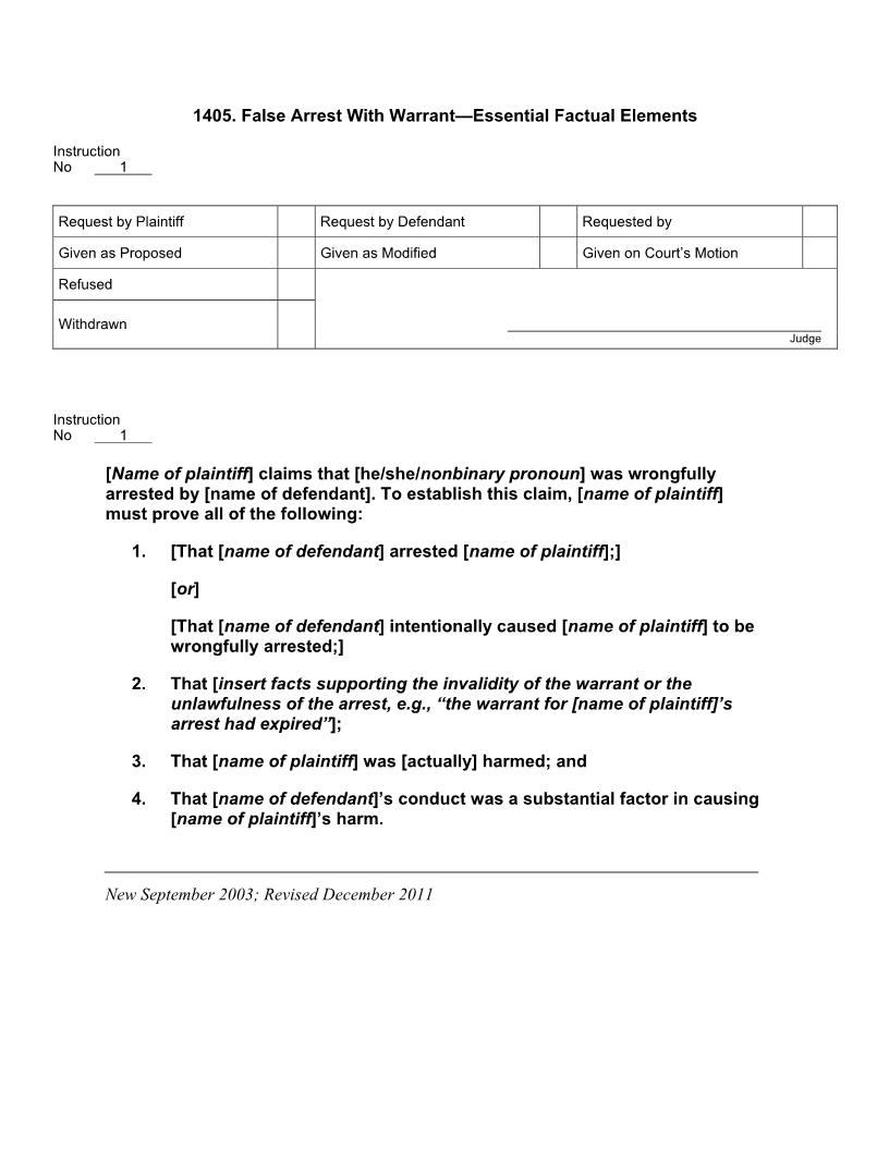 1405. False Arrest With Warrant Essential Factual Elements | Pdf Docx | Jury Instructions