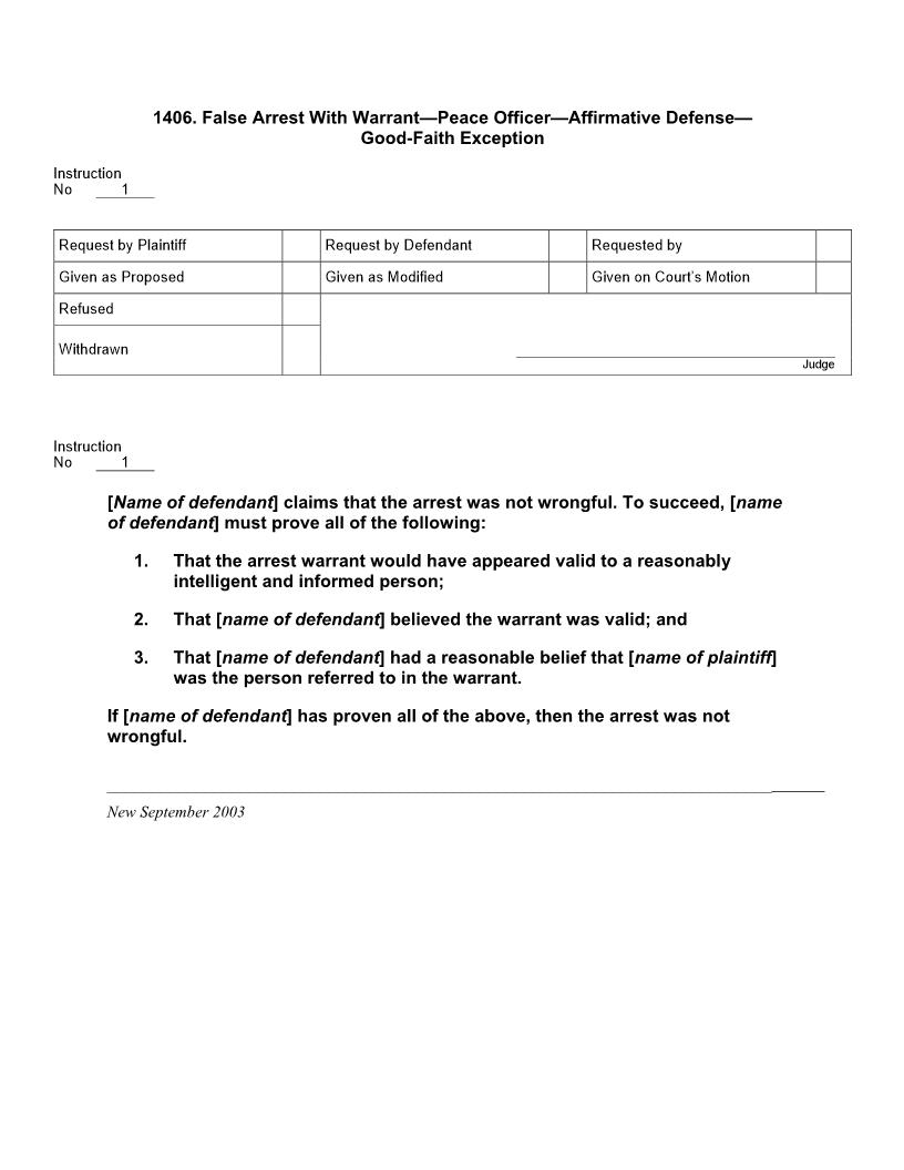 1406. False Arrest With Warrant Peace Officer Affirmative Defense Good-Faith Exception | Pdf Docx | Jury Instructions