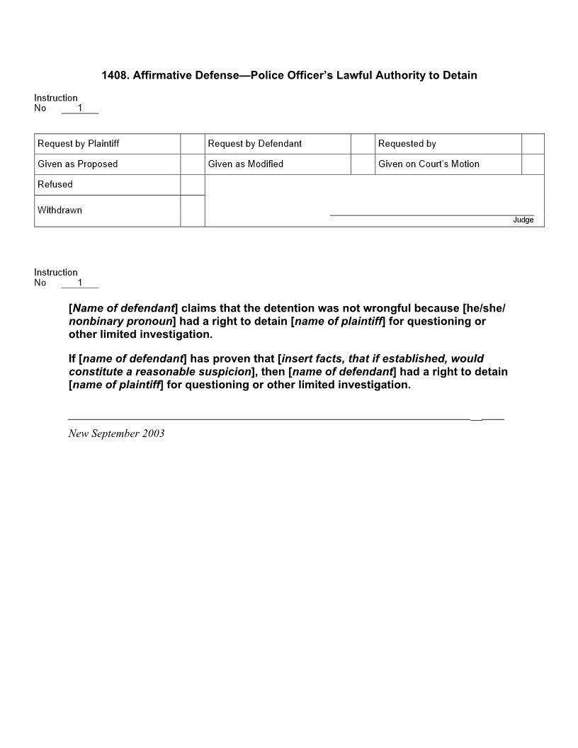 1408. Affirmative Defense Police Officers Lawful Authority to Detain | Pdf Docx | Jury Instructions